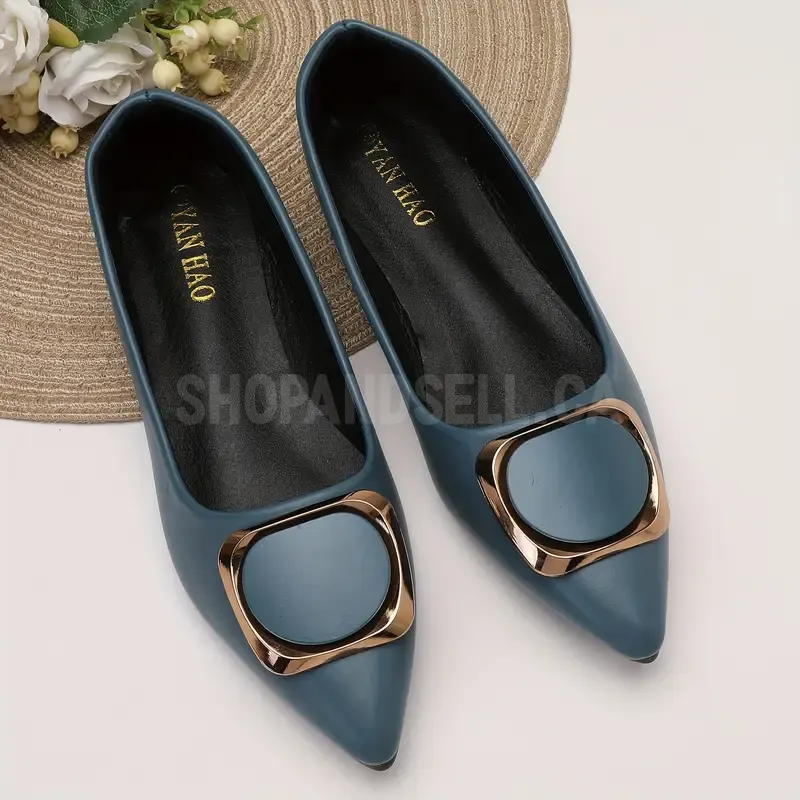 Women's Pointed Toe Mary Jane Flats - Summer Slip-On Ballet Shoes with Golden Accent Ring