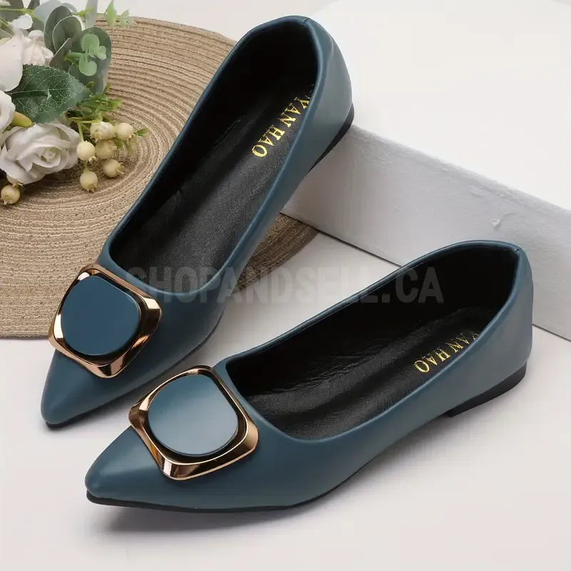 Women's Pointed Toe Mary Jane Flats - Summer Slip-On Ballet Shoes with Golden Accent Ring
