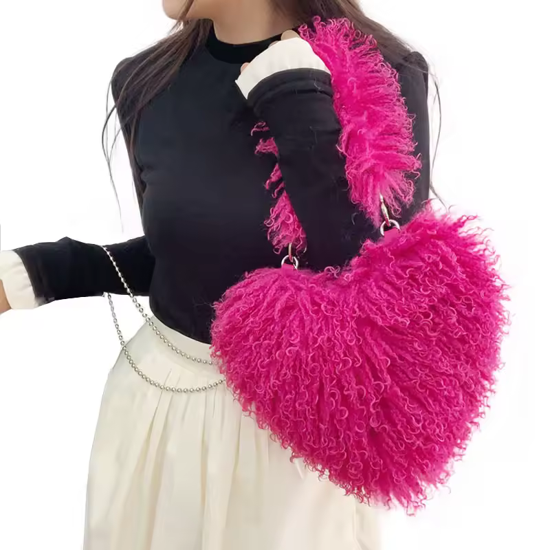Mongolian Furry Fur Heart Shape Oversized Tote Bags For Women