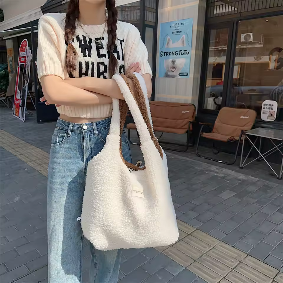 Vest Shape Women Plush Reversible Shoulder Bag