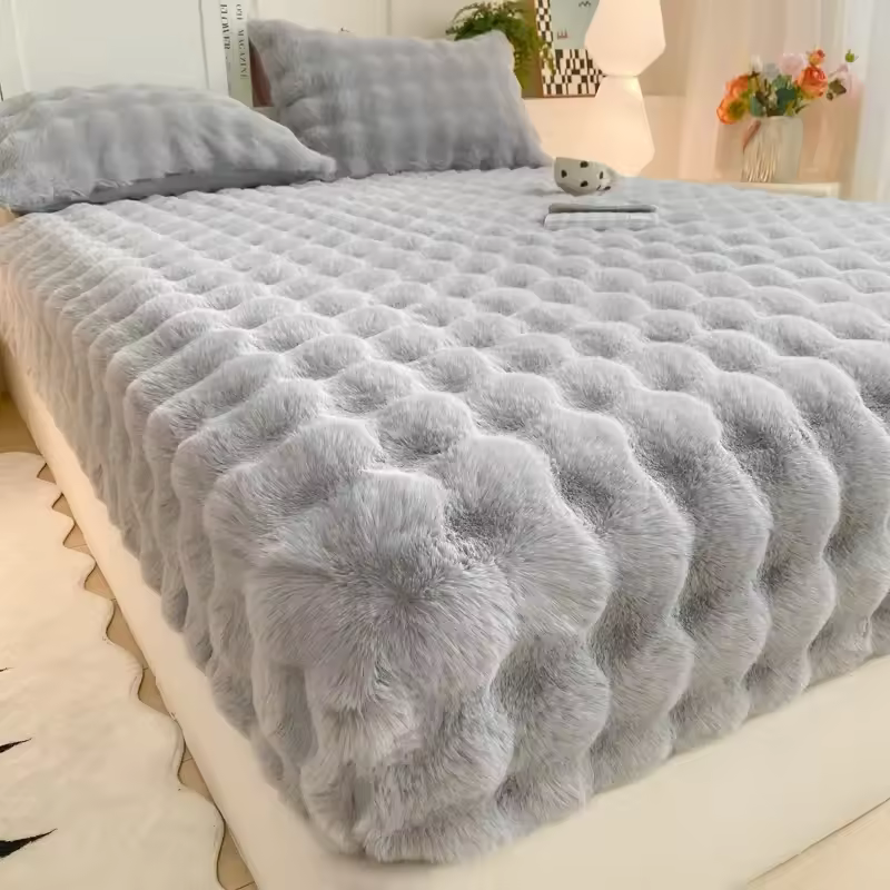 Solid Color Fluffy Plush Fitted Bed Sheet for Winter
