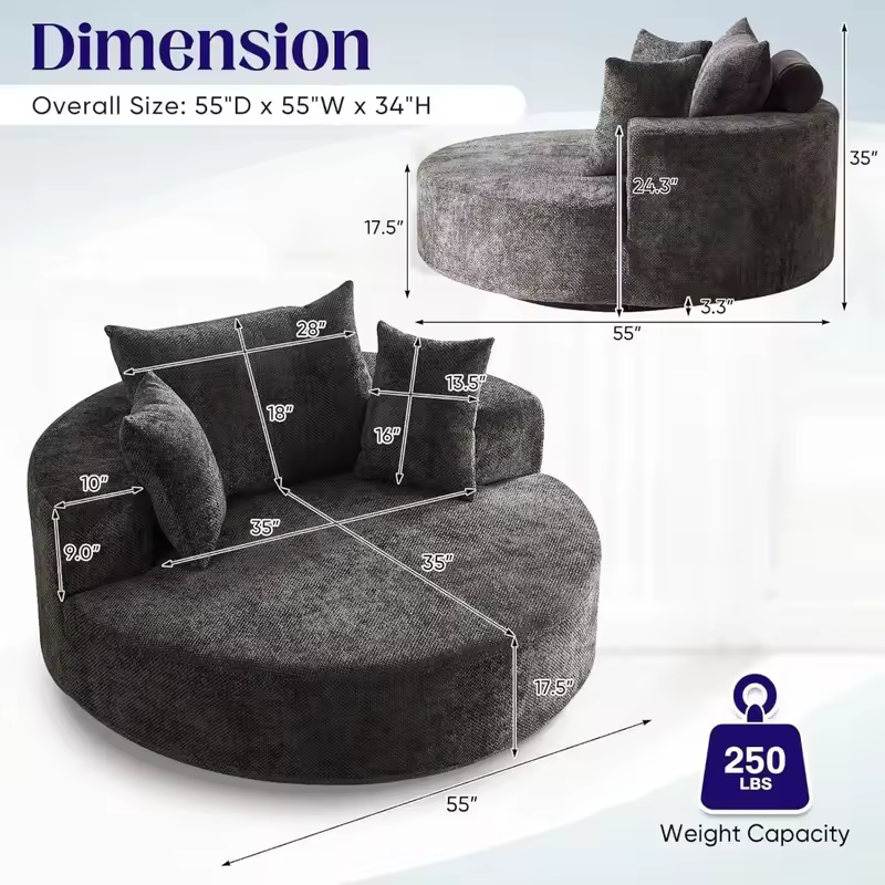 Modern 55-inch Round Swivel Chaise Lounge Chair,